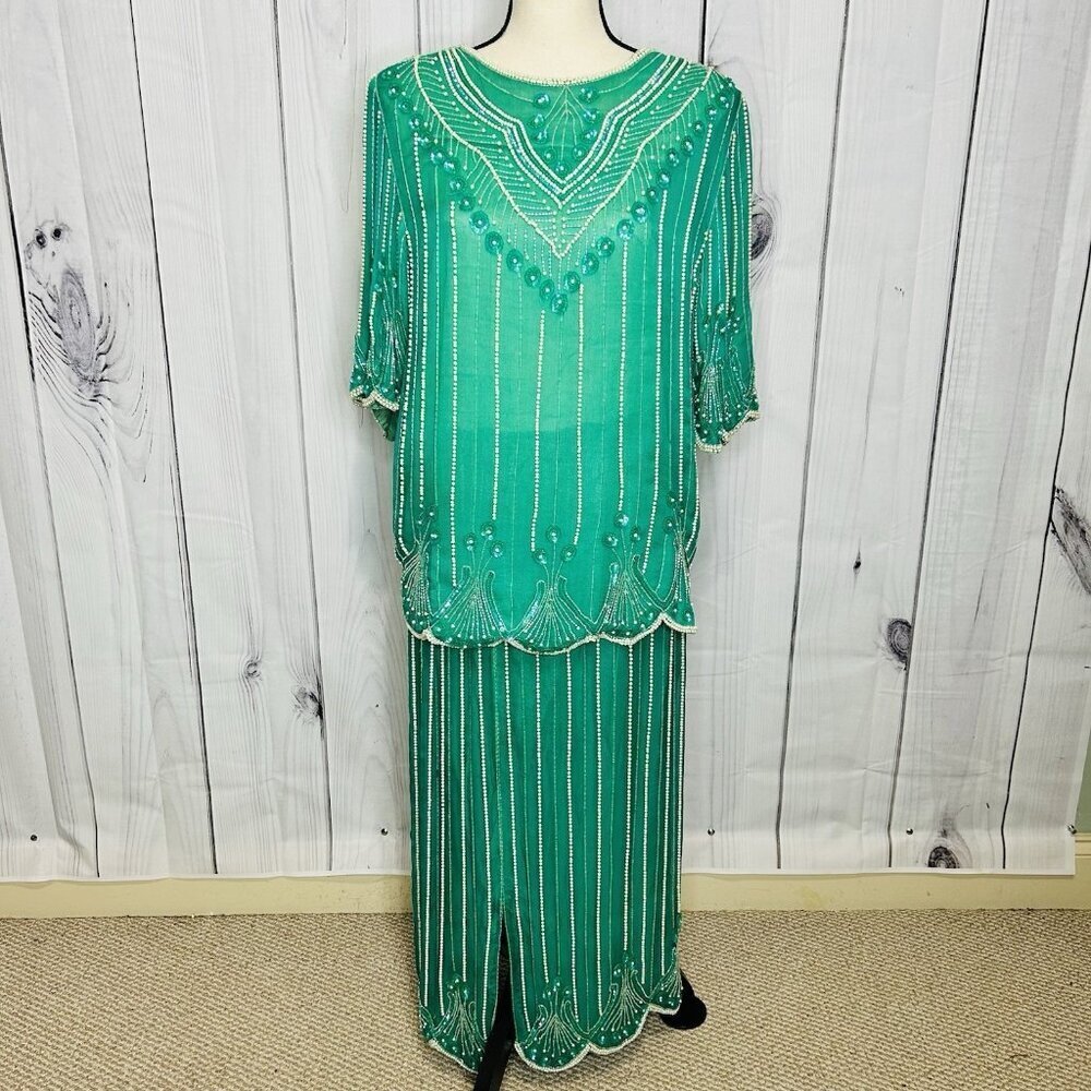 Maharaj Silk Top & Dress Set Teal Green Beads Sequins Sz L 100% Silk Vintage